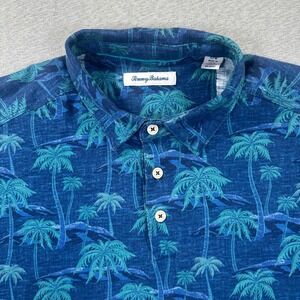 Tommy Bahama Polo Shirt Mens Large Blue Teal Palm Tree Print Cotton Slub Beach